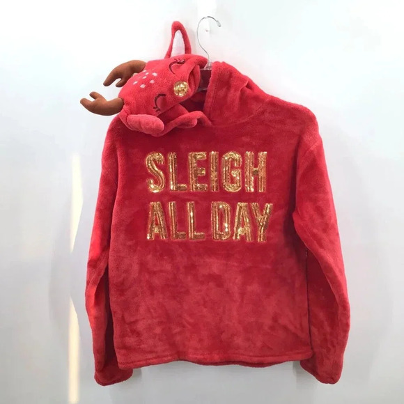 Cute Christmas Hoodie XL Red Velour Reindeer Sequins Antlers Sleigh All Day - Picture 4 of 7